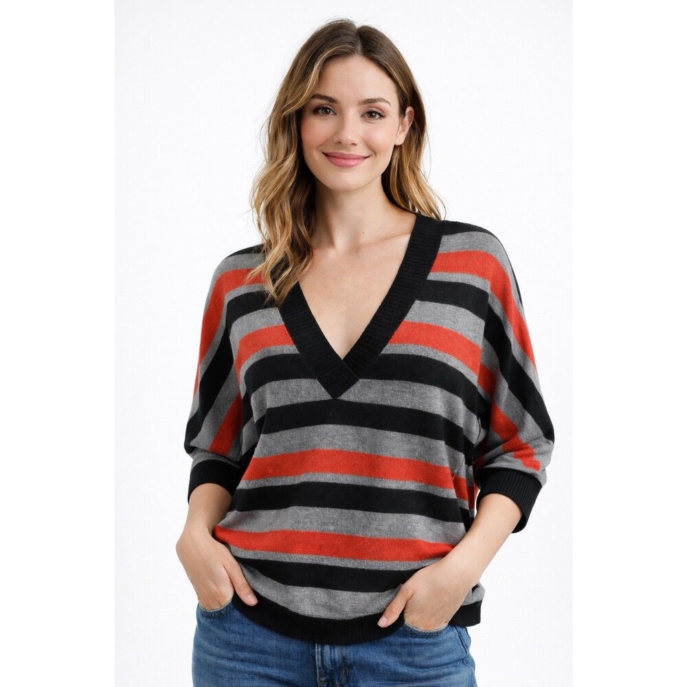New York & Company Womens Striped V Neck Sweater Black Red Gray Size M